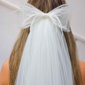 Gelin Saç Aksesuarı İncili Otrişli Fiyonk Beyaz Duvak - Görsel 1