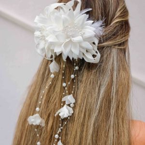 Gelin Saç Aksesuarı / Düğün Nikah Çiçekli Otrişli İncili - Görsel 4