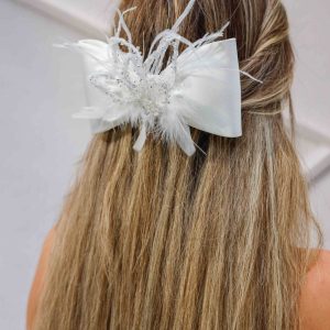 Gelin Saç Aksesuarı / Nikah Düğün Beyaz Taşlı Otrişli Fiyonk - Görsel 3