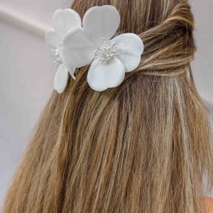 Gelin Saç Aksesuarı / Nikah Düğün Çiçekli İncili Beyaz Saç Aksesuar - Görsel 3