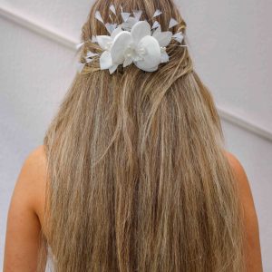 Gelin Saç Aksesuarı / Nikah Düğün Beyaz Otrişli Çiçekli Saç Aksesuarı - Görsel 1