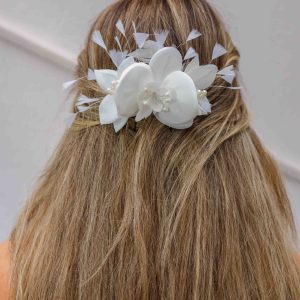 Gelin Saç Aksesuarı / Nikah Düğün Beyaz Otrişli Çiçekli Saç Aksesuarı - Görsel 2